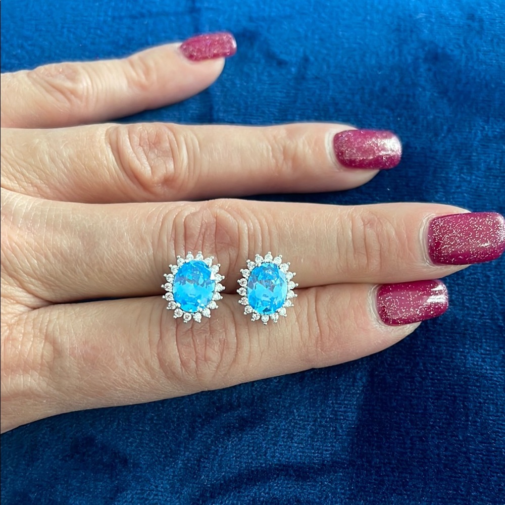Sterling silver blue topaz with CZ white gold plated studs Earrings